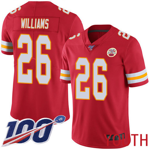 Youth Kansas City Chiefs 26 Williams Damien Red Team Color Vapor Untouchable Limited Player 100th Season Football Nike NFL Jersey
